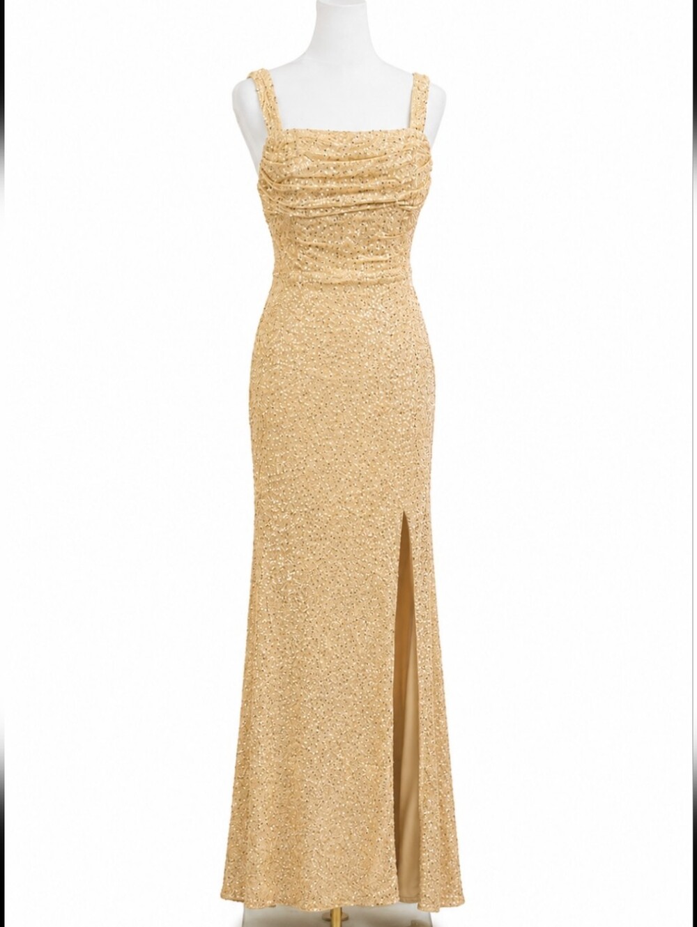 NWT Champagne Gold Sequin Evening Gown, Side Slit, Ruched Bust, Wide Strap Sz 2